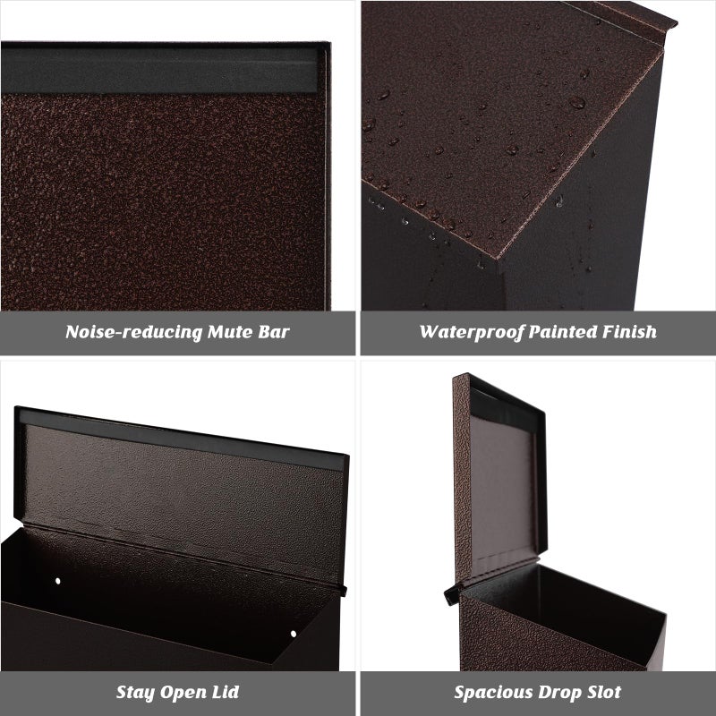 KYODOLED Wall-Mount Mailbox, Large Capacity Mail Box, Galvanized Steel Rust-Proof Metal Post Box, Mailboxes for Outside,15.7"x9.9"x4.9" Bronze - Image 5